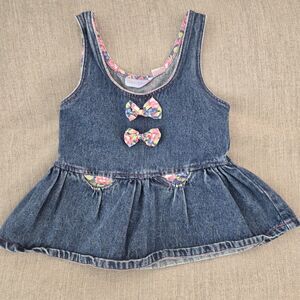 Vintage 4T Blues in Motion Denim Top Floral Trim & Bows 100% Cotton Tunic Pocket